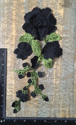 LONG STEM BLACK ROSE Flower Plant Floral Roses Buds Garden Applique Patch 12X5 - Image 1 of 4