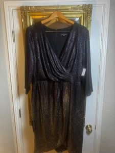 Lane Bryant 16 schwarz gold lila Glitzer Faux Wickelkleid Neu mit Etikett Party 3/4 Ärmel - Bild 1 von 17