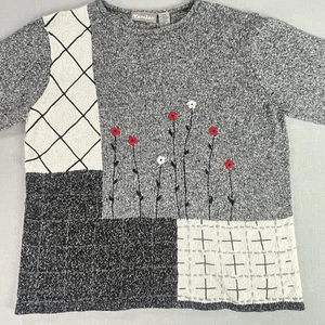 Suéter Patchwork Mujer Gris Medio Floral Bordado Grannycore Algodón Artístico - Imagen 1 de 11