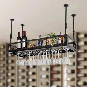 Industrial Vintage Bar Floating Shelf Black Ceiling Mounted Wine Bottle Holder! - Picture 1 of 9