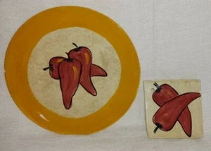 STACIE H ROSS POTTERY CHILI PEPPERS PLATE AND COASTER - Picture 1 of 8