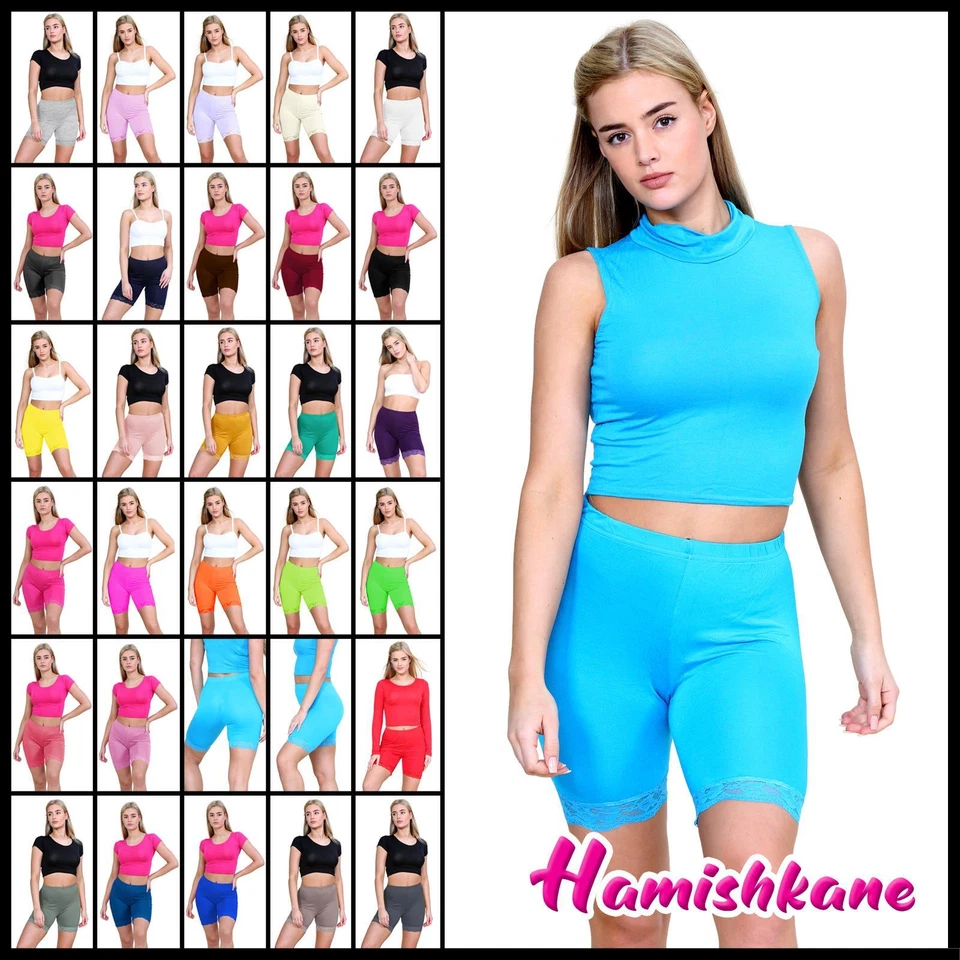 Womens Cycling Shorts Lace Trim Scallop Ladies Viscose Jersey Active Yoga Shorts - Image 1 of 1