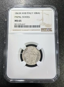 1863 R XVIII MS65 Italy Papal States Silver 10 Baiocchi NGC KM 1342b TOP POP! - Picture 1 of 4