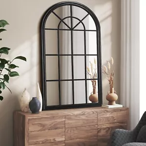 Oikiture Wooden Window Mirror Arched Wall Mirrors Decor 130x70cm Black - Picture 1 of 10