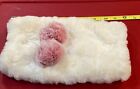 FAUX WHITE FUR Muff Pink Pompoms Attached Winter Holiday 12x6