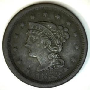 1853 United States Braided Hair Large Cent Copper Coin 1c US XF Extra Fine Dark - Imagen 1 de 2