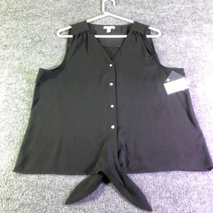Nine West Women’s Sleeveless Button Down Blouse Tie Front XL Black - Picture 1 of 11