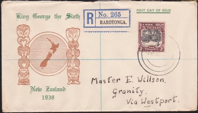 COOK IS 1938 2/- pictorial on commem FDC registered to NZ - scarce.........A8200 - Image 1 of 1