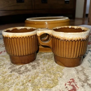 Vintage Monmouth Brown Pottery Stoneware Drip Mug Set 2 USA Maple Leaf Excellent - Picture 1 of 9