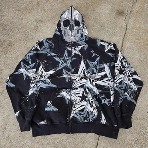 Vtg Y2k NO FEAR Tattoo Stars All Over Graphic Skull Face Full Zip Sweatshirt XXL - Picture 1 of 8