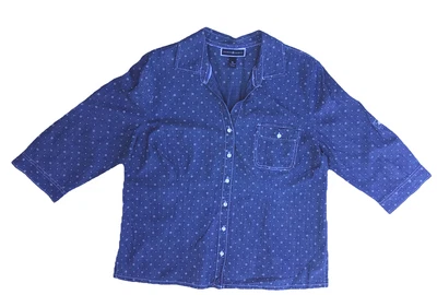 Blusa Karen Scott Para Mujer XL Azul Cambray Lunares Abotonada Manga 3/4 Camisa Foto 1 de 4