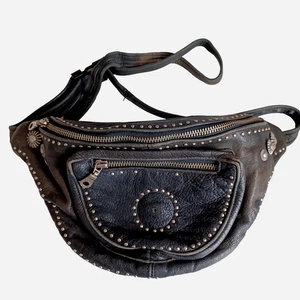 Biker Belt Hip Bag Diamond Leather Black Silver Studded Distressed Loved Vintage - Picture 1 of 18