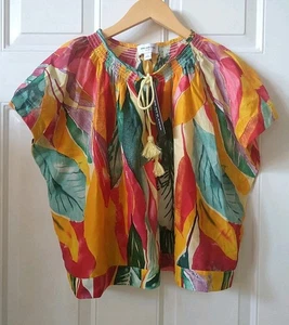 MARC JACOBS COLORFUL TROPICAL LEAVES LIGHTWEIGHT COTTON PEASANT TOP, SIZE M - Picture 1 of 4