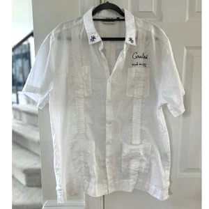Gala Octuvre White Linen Floral Embroidered Pintuck Camp Collar Cuban Shirt - Picture 1 of 7