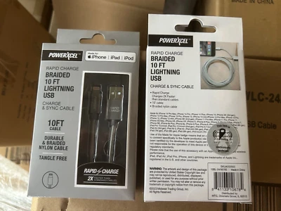 2x PowerXcel Black Rapid Charge Sync cable Braided FAST 10ft USB charging cord - Image 1 of 3