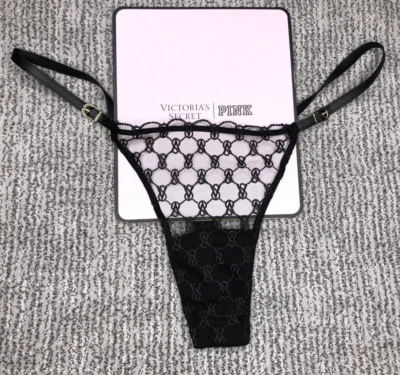 Victorias Secret 非常性感全新带标签 XL 黑色丁字裤网眼标志人造皮革透明 — 第 1/4 张图片