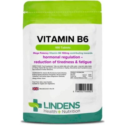 Vitamina B6 de Lindens 100 mg 1/día tabletas B-6 B 6 soporte energético Foto 1 de 4