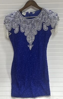 Vintage Scala Silk Beautiful Beaded Fringe Dress Blue White Party Cocktail Sz S - Image 1 of 4