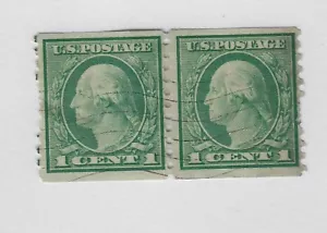 US Scott # 443, 1 cent green, Washington coil pair, 1914, VF-XF, scv. $135 - Picture 1 of 2