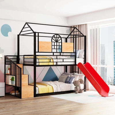 Beliche de metal duplo sobre solteiro, cama de metal para casa com escorregador e escada de armazenamento, Bla - Imagem 1 de 4