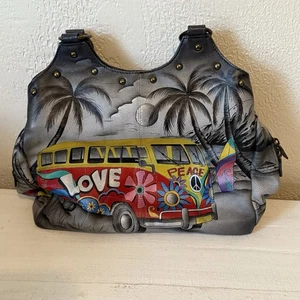 Anna Anuschka Leather Bag Hand Painted Happy Camper Peace Van Purse - Picture 1 of 8