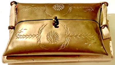 1920s Antique Brass COIN PURSE Engraved Pillow Style w/leather cushion - Image 1 of 4