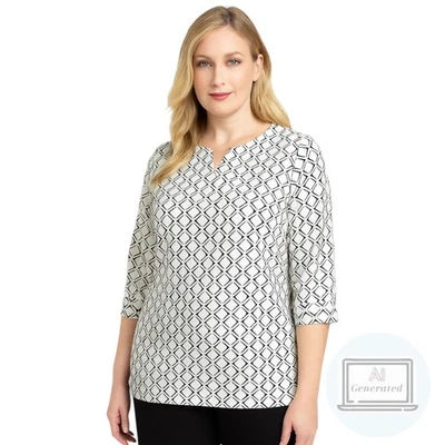 Chicos Womens Top Wrinkle Resistant Black White Geo Print 3/4 Sleeve Size 2 | L - Image 1 of 4