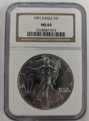 American Eagle 1991 $1 plata certificado NGC MS69 - etiqueta marrón - 1 oz plata .999 Foto 1 de 2