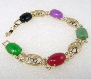 Multi-Color Red Purple Green Black Jade Bracelet 18KGP Fortune Longevity Bangle - Picture 1 of 3