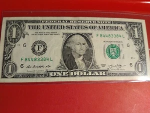 2013- $1 .00" Fancy Serial Numbers Bill       F84483384L . - Picture 1 of 13