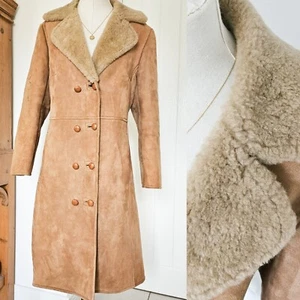 70s Long Honey Brown Ladies Soft Fleece Shearling Suede Sheepskin Coat 12 M - Picture 1 of 21
