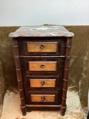 VICTORIAN BEDSIDE CABINET MARBLE ON TOP. RESTORED. 4 DRAWERS. HEIGHT 35 INCHES - Image 1 of 4