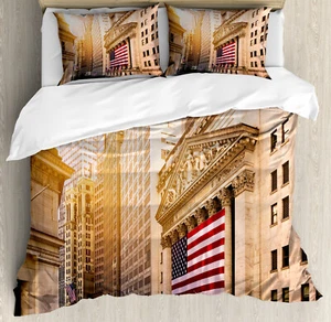United States Duvet Cover Set with Pillow Shams Wall Street Flags Print - Picture 1 of 8