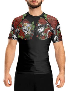 Raven Fightwear Men's Calaveras y Rosas BJJ Rash Guard Short Sleeve MMA Black - Picture 1 of 3