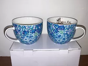 Tazze in ceramica 12 oz nuove in scatola Lilly Pulitzer oro blu paisley floreale - Foto 1 di 7