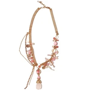 Pink Asymmetrical Beaded Rose Gold Coloured Necklace Dangling Teardrop Sparkly - Foto 1 di 5