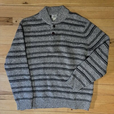 Suéter Pullover LL Bean Rayas 1/4 Botones 100% Lana de Cordero Tejido Gris/Marrón Foto 1 de 4