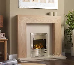 ELECTRIC OAK WOOD SURROUND CREAM MARBLE SILVER WALL FIRE FIREPLACE SUITE LIGHTS - Picture 1 of 3