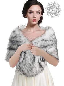 Women's Fur Shawls and Wraps Wedding Fur Scarf Faux Bridal Fur Stole with Bro... - Picture 1 of 8