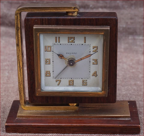 French Bayard Modernist Rotating Alarm Clock Gilt Brass Rosewood Cover