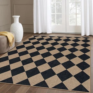 Checkered Easy Jute Outdoor Rug, 5X7 Area Rugs for Living Room Nature Large Dini - Picture 1 of 6