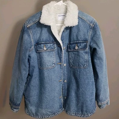 Old Navy Women MEDIUM Jean Trucker Barn  Jacket Sherpa Lined Denim Med Wash  - Image 1 of 4