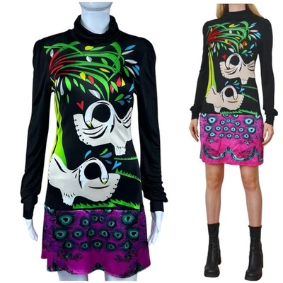 Custo Barcelona VTG Y2K Shift Turtleneck Mini Dress XS Swan Peacock Bird Print - Image 1 of 4