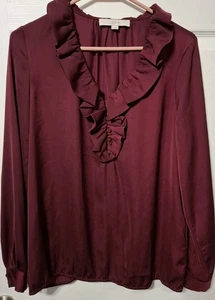 Blusa Loft Para Mujer Mediana Cuello en V Volantes Manga Larga Top Granate - Imagen 1 de 6