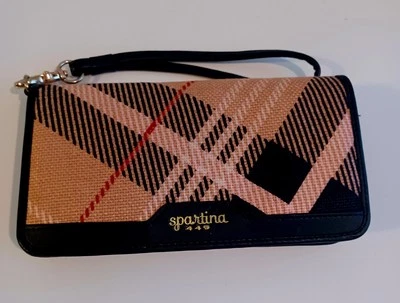Spartina 449 Daufuskie Pink Nova Plaid Check Black Leather Wrislet  Wallet 8x4 - Image 1 of 4