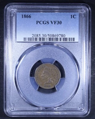 1866 Indian Head Cent - 1c PCGS VF30 - Chocolate Brown Surfaces - Image 1 of 4