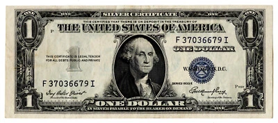 U.S. DOLLAR BILL SILVER CERTIFICATE BLUE SEAL & RARE $1 SERIES 1935 E F37036679I - Image 1 of 2