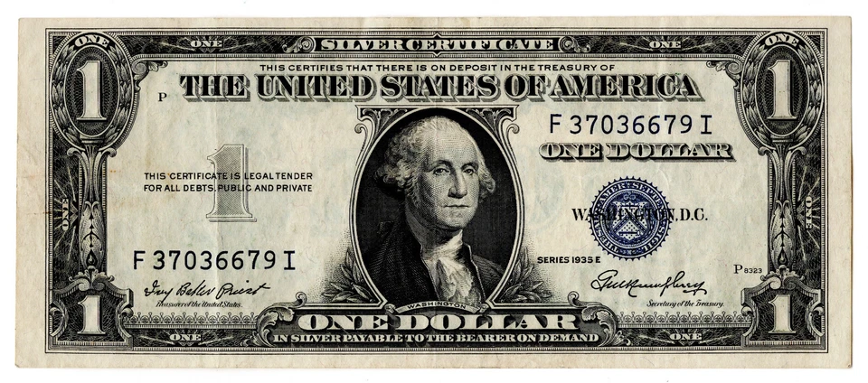 U.S. DOLLAR BILL SILVER CERTIFICATE BLUE SEAL & RARE $1 SERIES 1935 E F37036679I - Image 1 of 2