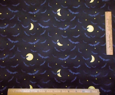 Ткань для Хэллоуина 1 1/8 ярда СЕРЫЕ летучие мыши желтые лунные звезды черный хлопок винтажный - Изображение 1 из 2