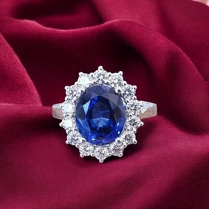 Anillo de boda de diamantes naturales de zafiro azul cultivado en laboratorio de corte ovalado de platino de 5,00 quilates - Imagen 1 de 11